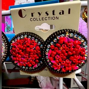 $12 Red Beads outlined in Rhinestone on Black Setting 1” Round stud earrings
